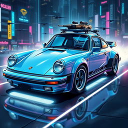 A royal light blue 1985 Porsche 911 illustrated in a captivating cyberpunk art style, featuring sleek chrome accents that enhance its aerodynamic design