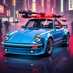 A royal light blue 1985 Porsche 911 illustrated in a captivating cyberpunk art style, featuring sleek chrome accents that enhance its aerodynamic design