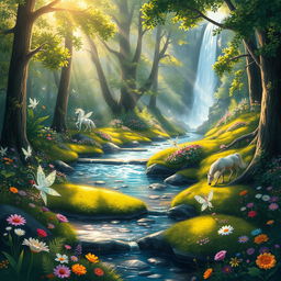 A captivating image of an enchanting forest filled with colorful flora and mystical creatures