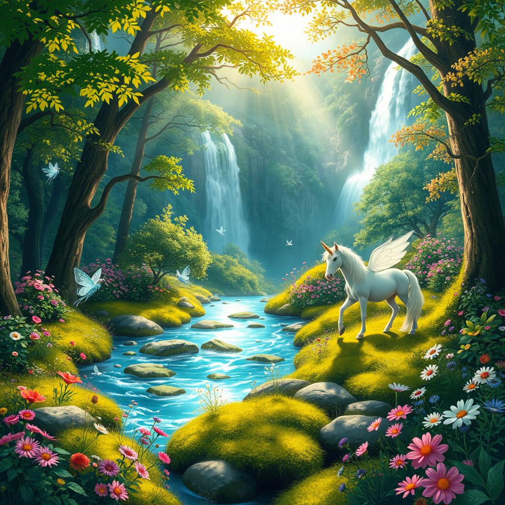 A captivating image of an enchanting forest filled with colorful flora and mystical creatures