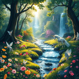 A captivating image of an enchanting forest filled with colorful flora and mystical creatures