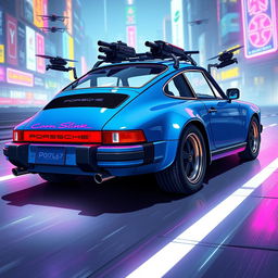 A royal light blue 1985 Porsche 911 illustrated from a rear side view in a captivating cyberpunk art style