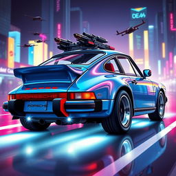 A royal light blue 1985 Porsche 911 illustrated from a rear side view in a captivating cyberpunk art style