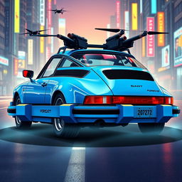 A royal light blue 1985 Porsche 911 illustrated from a rear side view in a captivating cyberpunk art style