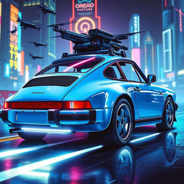 A royal light blue 1985 Porsche 911 illustrated from a rear side view in a captivating cyberpunk art style