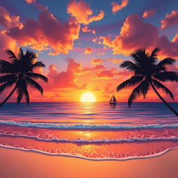 A breathtaking view of a vibrant sunset over a tranquil beach