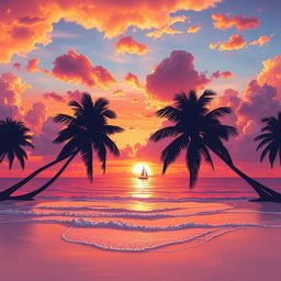 A breathtaking view of a vibrant sunset over a tranquil beach