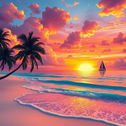 A breathtaking view of a vibrant sunset over a tranquil beach