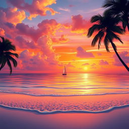 A breathtaking view of a vibrant sunset over a tranquil beach