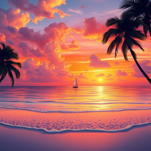 A breathtaking view of a vibrant sunset over a tranquil beach