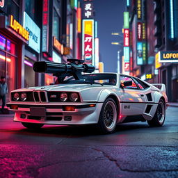 A stealthy white 1980 BMW M1, featuring advanced composite armor