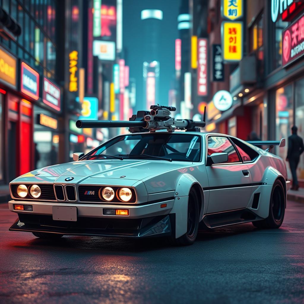 A stealthy white 1980 BMW M1, featuring advanced composite armor