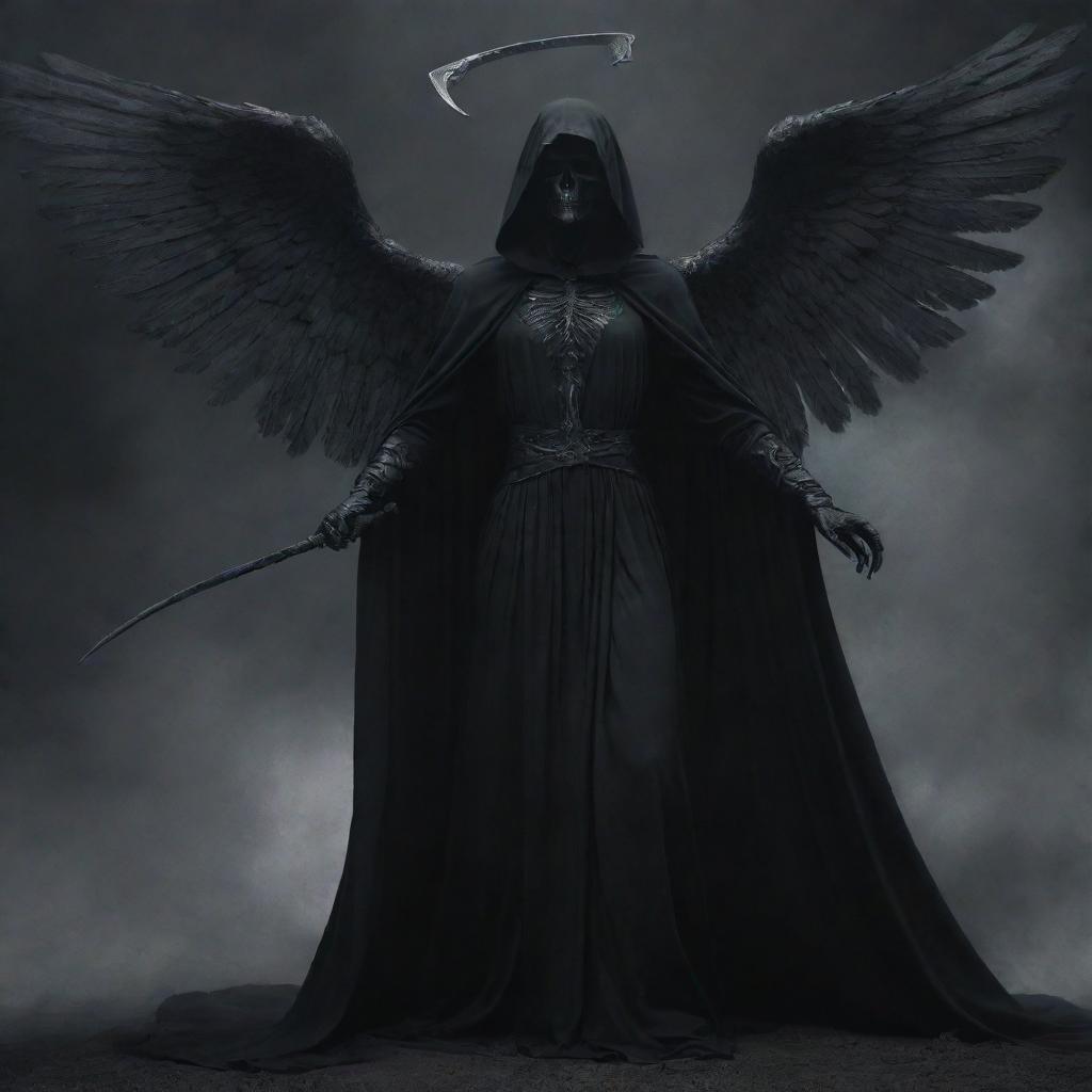 On the previously depicted Earth, illustrate the Angel of Death descending, clad in a dark robe and wielding a scythe, embodying a blend of ethereal beauty and solemn gravity.