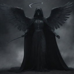 On the previously depicted Earth, illustrate the Angel of Death descending, clad in a dark robe and wielding a scythe, embodying a blend of ethereal beauty and solemn gravity.