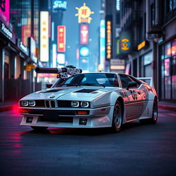 A stealthy white 1980 BMW M1, featuring advanced composite armor and no headlights for enhanced stealth