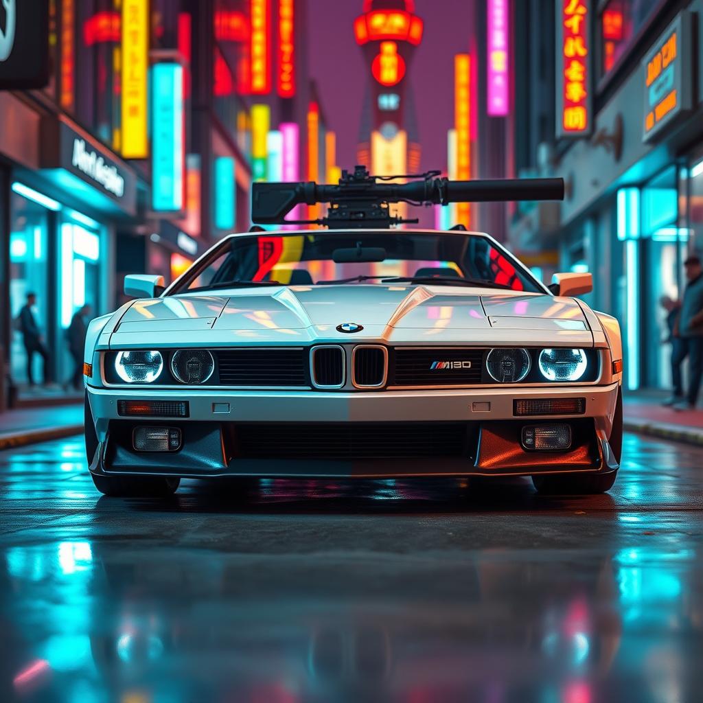 A stealthy white 1980 BMW M1, featuring advanced composite armor and no headlights for enhanced stealth