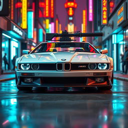 A stealthy white 1980 BMW M1, featuring advanced composite armor and no headlights for enhanced stealth