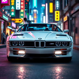 A stealthy white 1980 BMW M1, featuring advanced composite armor and no headlights for enhanced stealth