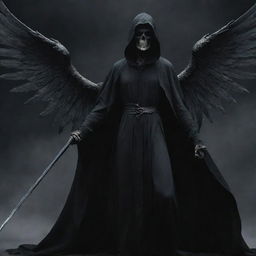 On the previously depicted Earth, illustrate the Angel of Death descending, clad in a dark robe and wielding a scythe, embodying a blend of ethereal beauty and solemn gravity.