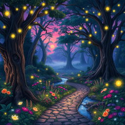 An enchanting illustration of a mystical forest at twilight, illuminated by twinkling fairy lights scattered among ancient, towering trees