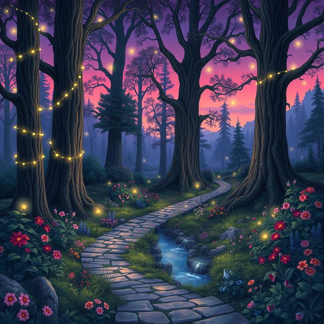 An enchanting illustration of a mystical forest at twilight, illuminated by twinkling fairy lights scattered among ancient, towering trees