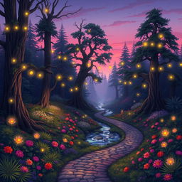 An enchanting illustration of a mystical forest at twilight, illuminated by twinkling fairy lights scattered among ancient, towering trees