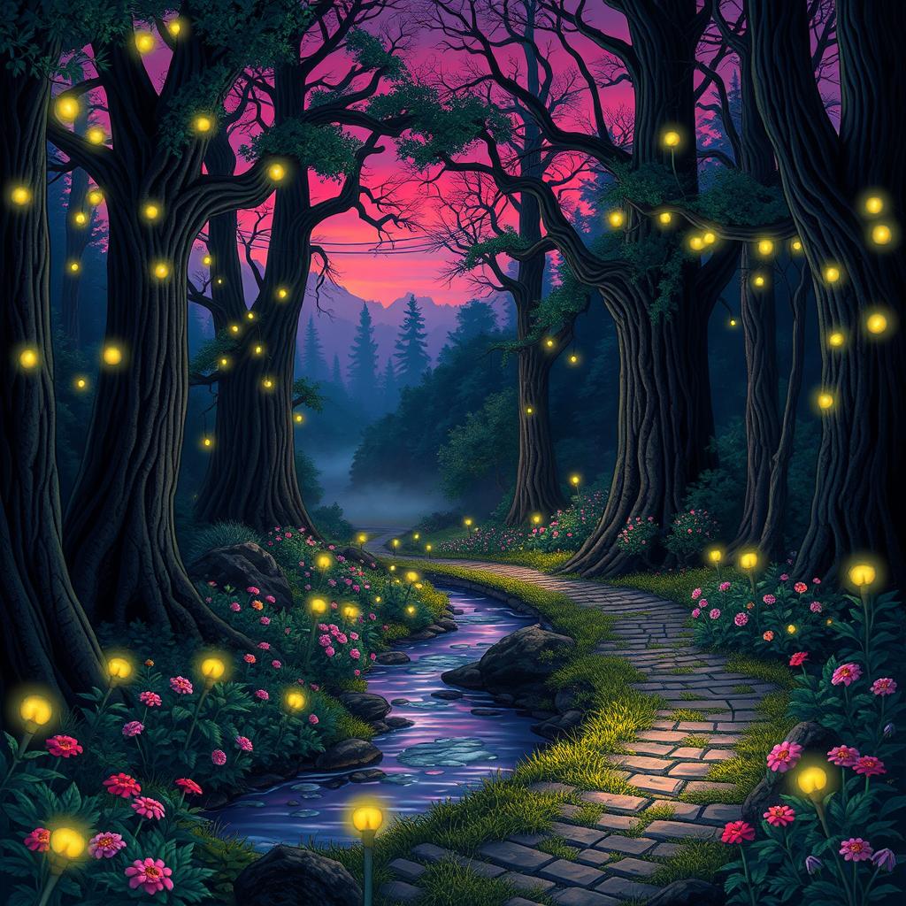 An enchanting illustration of a mystical forest at twilight, illuminated by twinkling fairy lights scattered among ancient, towering trees