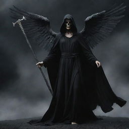 On the previously depicted Earth, illustrate the Angel of Death descending, clad in a dark robe and wielding a scythe, embodying a blend of ethereal beauty and solemn gravity.