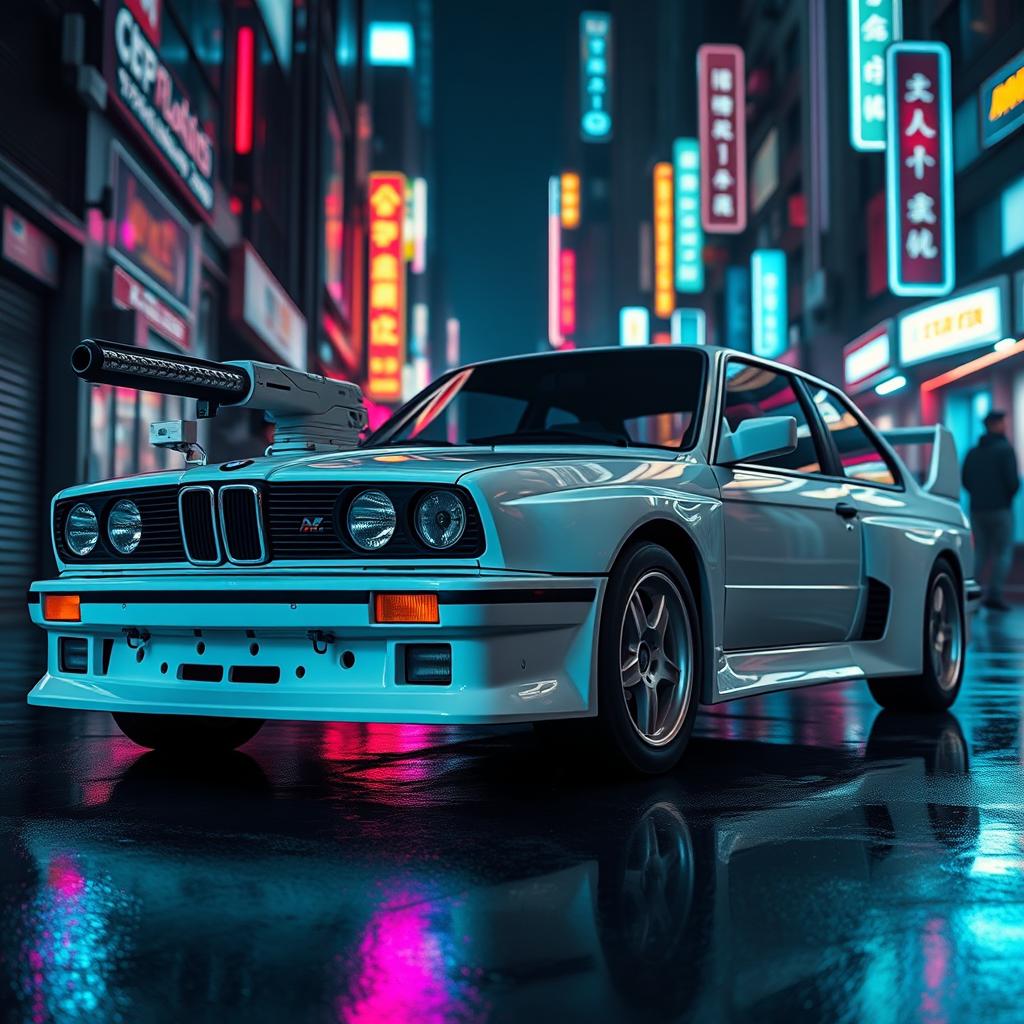 A stealthy white 1980s BMW M3 E30, featuring advanced composite armor for enhanced protection