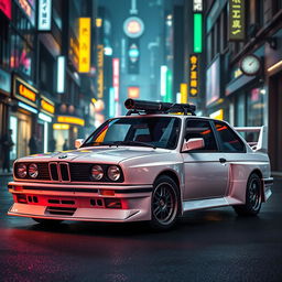 A stealthy white 1980s BMW M3 E30, featuring advanced composite armor for enhanced protection