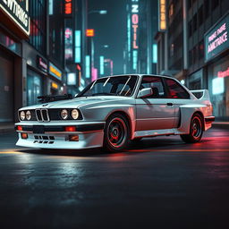 A stealthy white 1980s BMW M3 E30, featuring advanced composite armor for enhanced protection