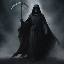 On the previously depicted Earth, illustrate the Angel of Death descending, clad in a dark robe and wielding a scythe, embodying a blend of ethereal beauty and solemn gravity.