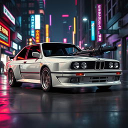 A stealthy white 1980s BMW M3 E30, featuring advanced composite armor for enhanced protection