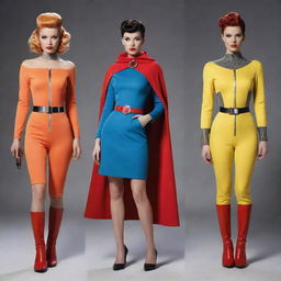 Atompunk superheroes enveloped in space-age aesthetics with sleek lines, bold colors, and atomic motifs. Their outfits are reminiscent of 1950s visions of the future, equipped with ray guns and atomic-powered gadgets, signifying the optimistic era of the Atomic Age.