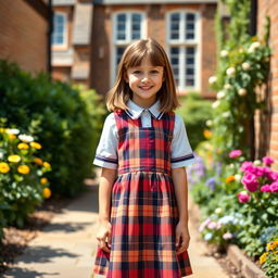 A cheerful English girl dressed in a classic school dress, featuring a plaid pattern and knee-length hem, standing in a picturesque school environment