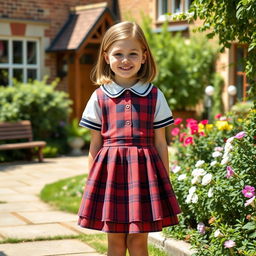 A cheerful English girl dressed in a classic school dress, featuring a plaid pattern and knee-length hem, standing in a picturesque school environment