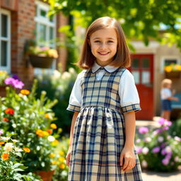 A cheerful English girl dressed in a classic school dress, featuring a plaid pattern and knee-length hem, standing in a picturesque school environment