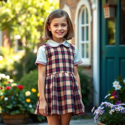 A cheerful English girl dressed in a classic school dress, featuring a plaid pattern and knee-length hem, standing in a picturesque school environment