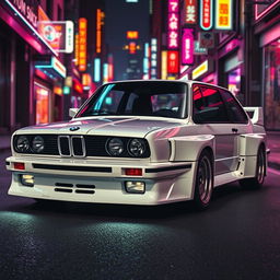 A stealthy white 1980s BMW M3 E30, showcasing advanced composite armor for superior protection