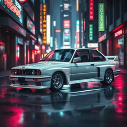 A stealthy white 1980s BMW M3 E30, showcasing advanced composite armor for superior protection