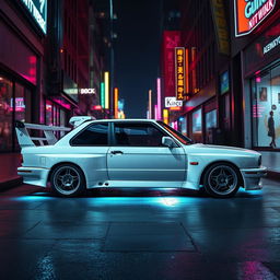 A stealthy white 1980s BMW M3 E30, showcasing advanced composite armor for superior protection