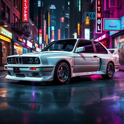 A stealthy white 1980s BMW M3 E30, showcasing advanced composite armor for superior protection