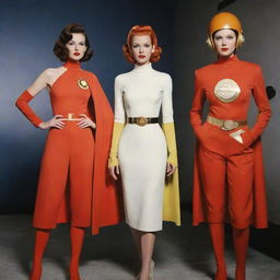 Atompunk superheroes enveloped in space-age aesthetics with sleek lines, bold colors, and atomic motifs. Their outfits are reminiscent of 1950s visions of the future, equipped with ray guns and atomic-powered gadgets, signifying the optimistic era of the Atomic Age.