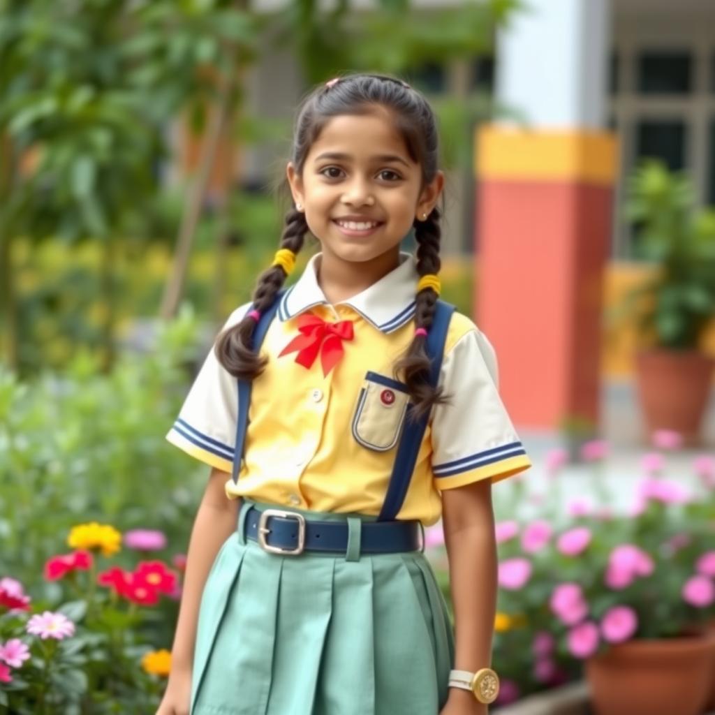 A young Desi girl wearing a stylish school uniform that includes a mini skirt and a fitted shirt, showcasing her vibrant personality