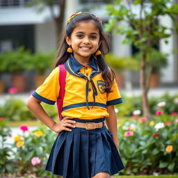 A young Desi girl wearing a stylish school uniform that includes a mini skirt and a fitted shirt, showcasing her vibrant personality