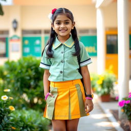 A young Desi girl wearing a stylish school uniform that includes a mini skirt and a fitted shirt, showcasing her vibrant personality