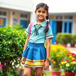 A young Desi girl wearing a stylish school uniform that includes a mini skirt and a fitted shirt, showcasing her vibrant personality