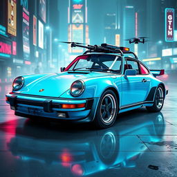 A royal light blue 1985 Porsche 911 depicted in an engaging cyberpunk art style, showcasing its sleek form and polished chrome accents