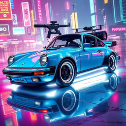 A royal light blue 1985 Porsche 911 depicted in an engaging cyberpunk art style, showcasing its sleek form and polished chrome accents