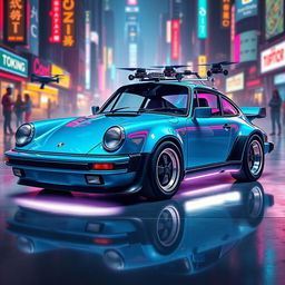 A royal light blue 1985 Porsche 911 depicted in an engaging cyberpunk art style, showcasing its sleek form and polished chrome accents